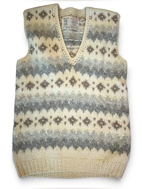 Hilda Ltd Vintage Hand-Knit Wool Fair Isle Vest - Cream & Gray made in Iceland